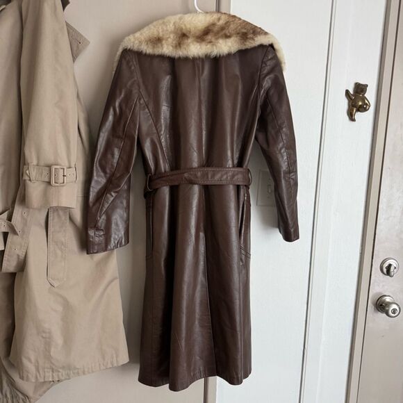 Vintage 70's Brown Leather Fur Trim Belted Midi Trench Coat Jacket - Picture 3 of 8